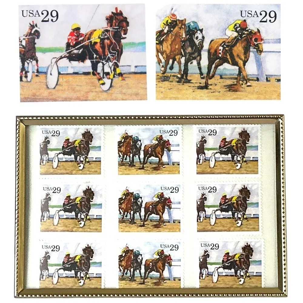 1993 Sporting Horses Harness Racing 29c Stamp Sheet of 9 in Gold Frame Stamp Art